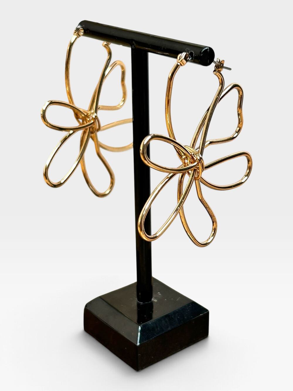 Gold Tone Wire Flower Hoop Earrings Large Openwork Statement Floral Dangle Boho